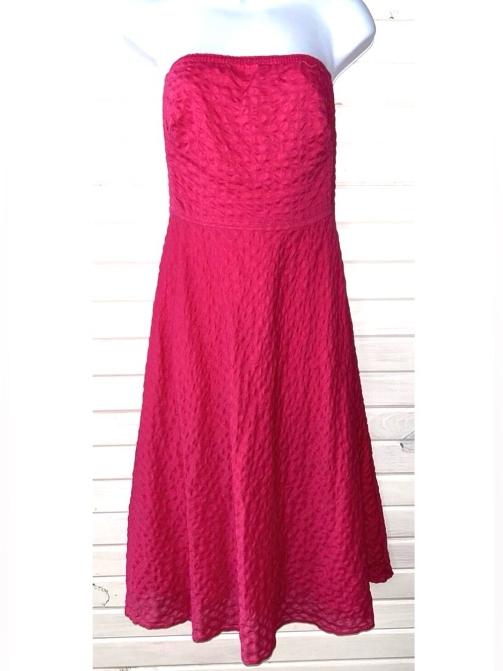 J.Crew Raspberry Pink Textured Seersucker Strapless Midi A-Line Dress in Size 4